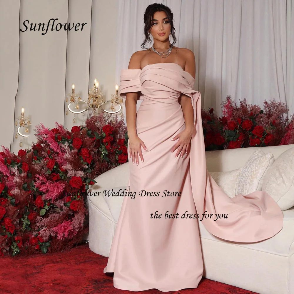 

Sunflower Off the Shoulder Short Sleeves Formal Evening Dress 2023 Slim Pleat Satin Prom dress Mermaid Floor-Length Pary Dress