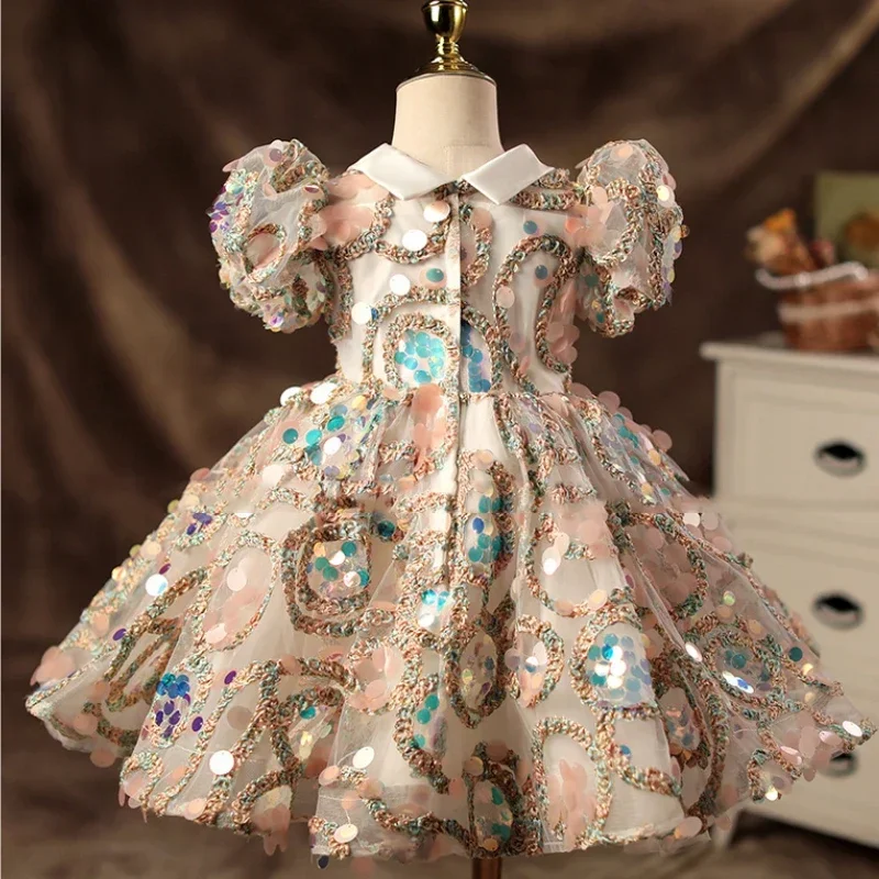 Customized Sequin Exquisite Flower Girl Dresses Puff Sleeve Turn-Down Collar Kids Skirt Ball Gown Tiered Design Girl Birthday G