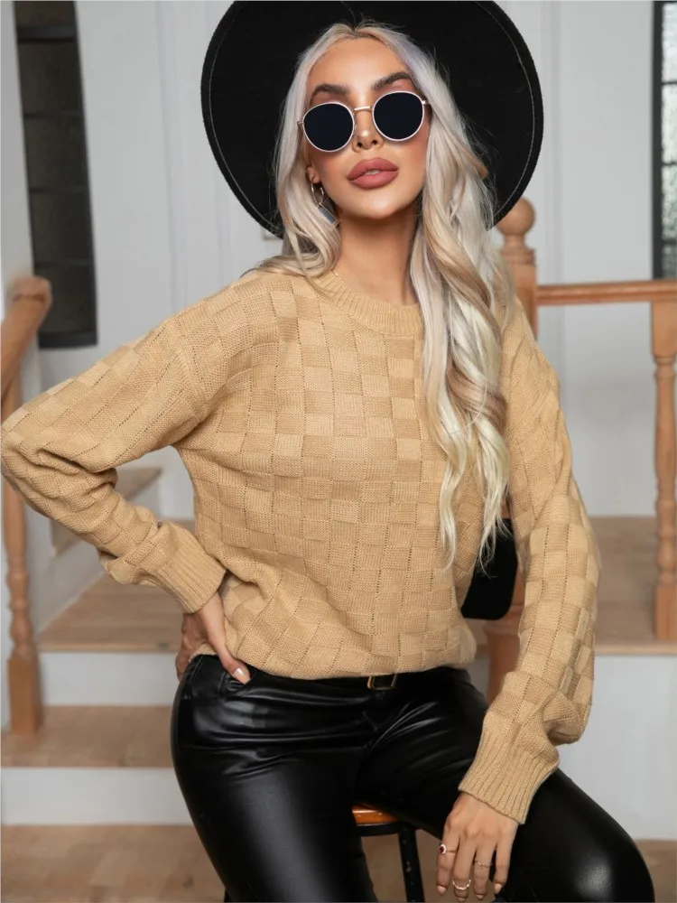 

Solid Color Long Sleeved Knitted Pullover Sweater For Women Fashion Round Neck Sweater Autumn Winter New Casual Commuting Tops