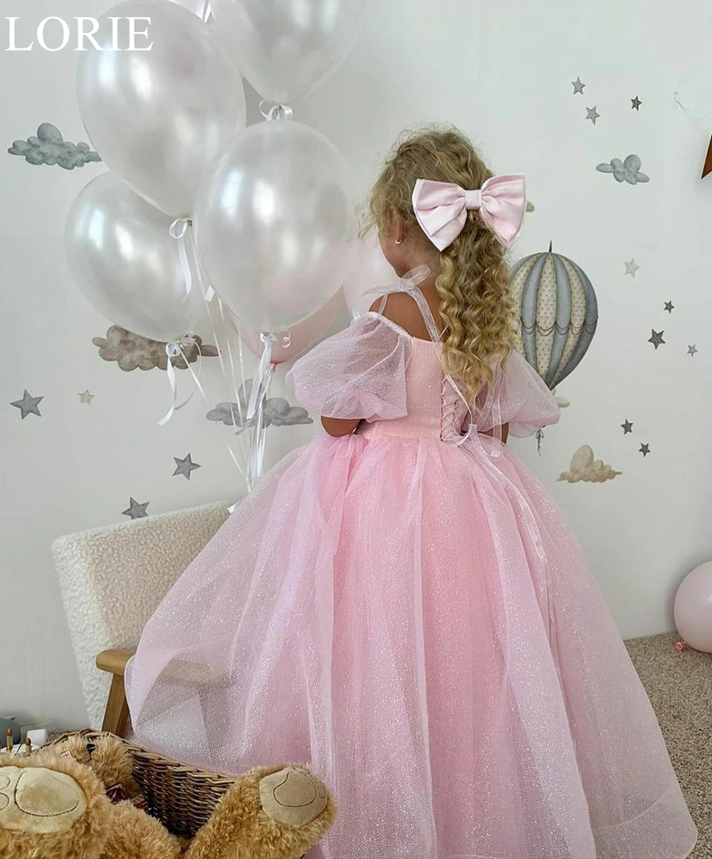 LORIE Pink Cute Flower Girl Dresses Lace-up A-Line Pleated Puff Sleeves Wedding Party Dress 2024 Birthday Party Dress Customized