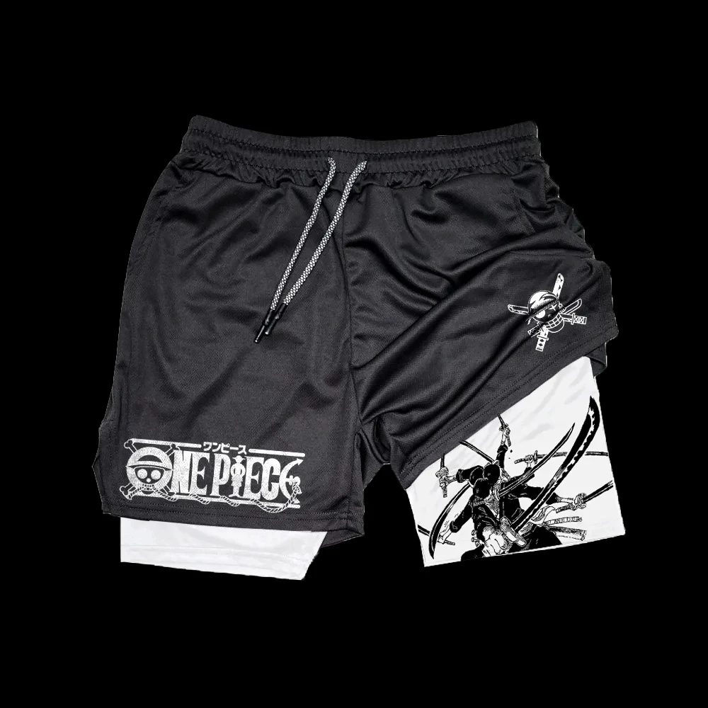 ONE PIECE Anime Zoro Farbbedruckte Sportshorts 2026 Herren Sommer Neue Trendige Atmungsaktive Schnelltrocknende 2-in-1 Doppelschicht-Shorts