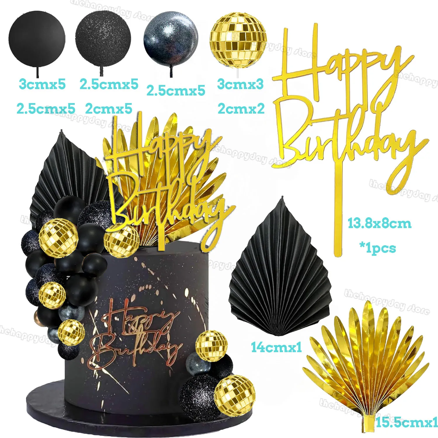 1Set Black Gold Disco Balls Cake Toppers Plam Leave Happy Birthday Cake Decorations Disco Boho Birthday Graduation Cake Decor