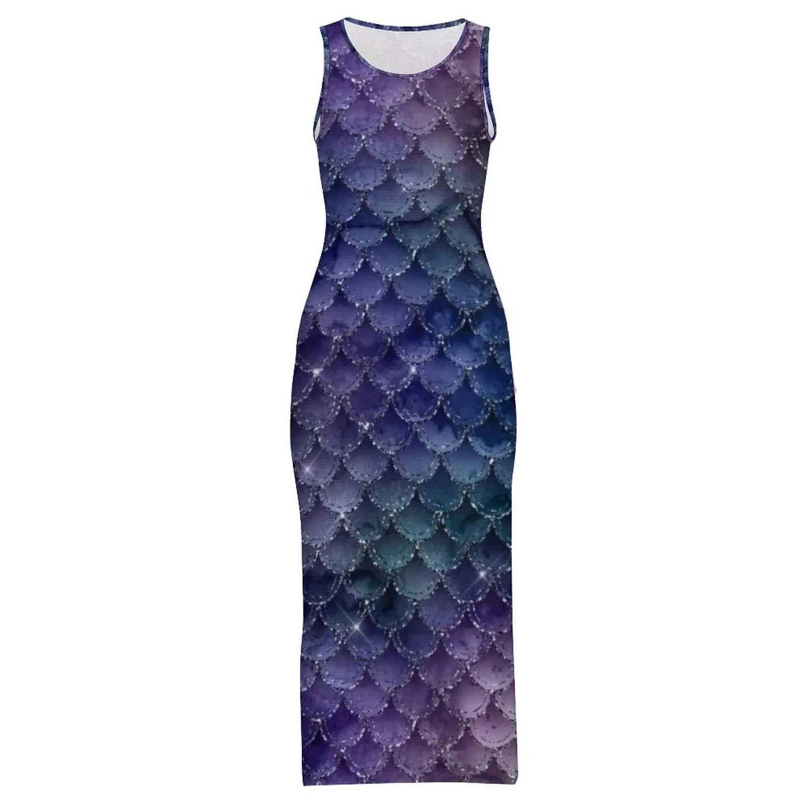 Damska obcisła sukienka modna brokatowa łuska syreny sukienki Maxi letnia fioletowa indygo drukuj bez rękawów Streetwear graficzna sukienka