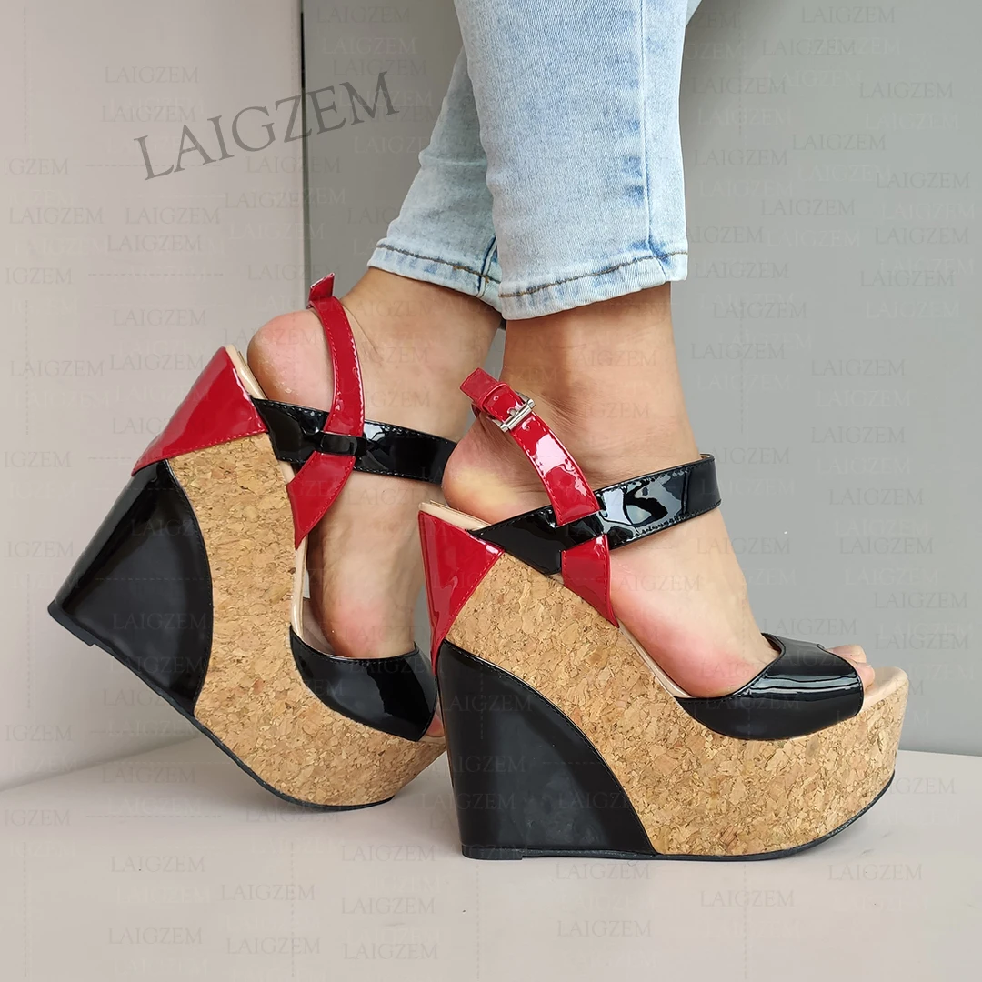 

ZHIMA Women Sandals Platform Wedges 17CM High Heels Pumps Peep Toe Buckle Straps Handmade Ladies Shoes Woman Big Size 38 45 48