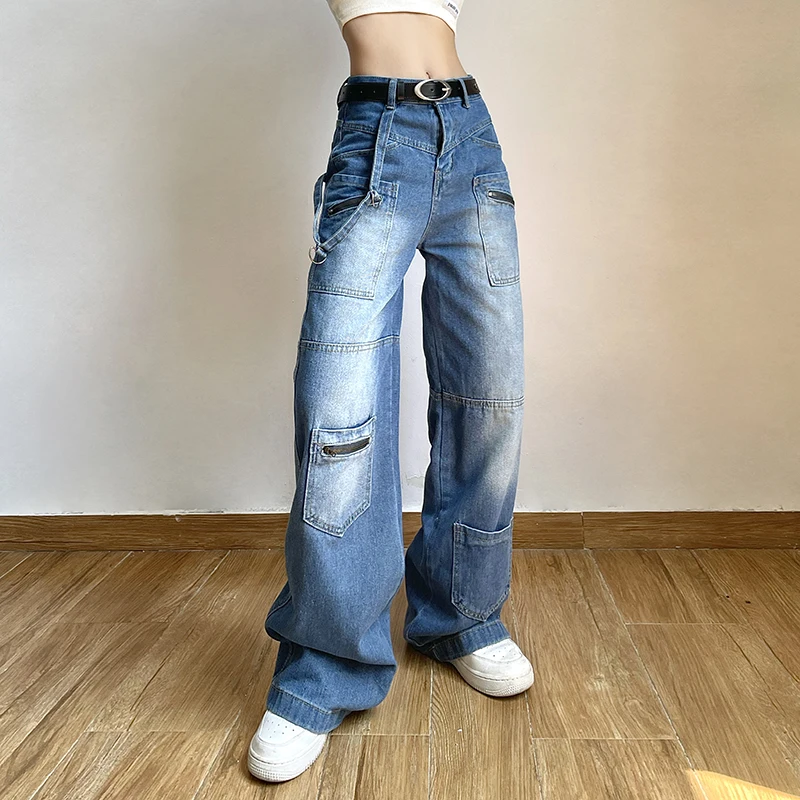 

American Vintage High Waist Straight Blue Jeans Women's Casual High Street Pants Baggy Y2K Wide Leg Grunge Washed Denim Trouser