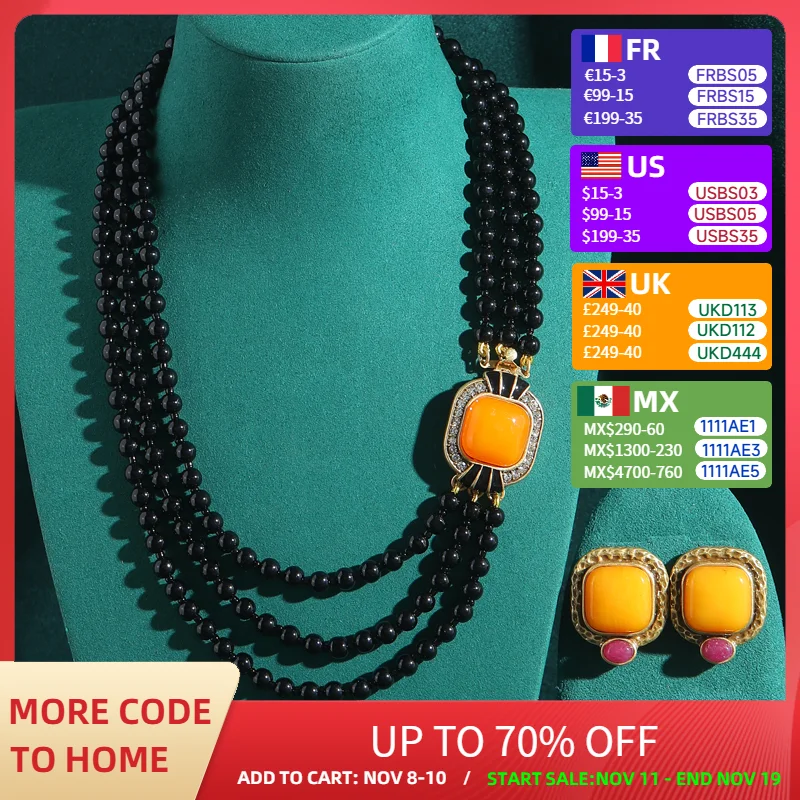 

Vintage Layered Black Beads Necklace Wedding Jewelry Sets Yellow Natural Stone Candy Earrings Night Party Accessories For Women