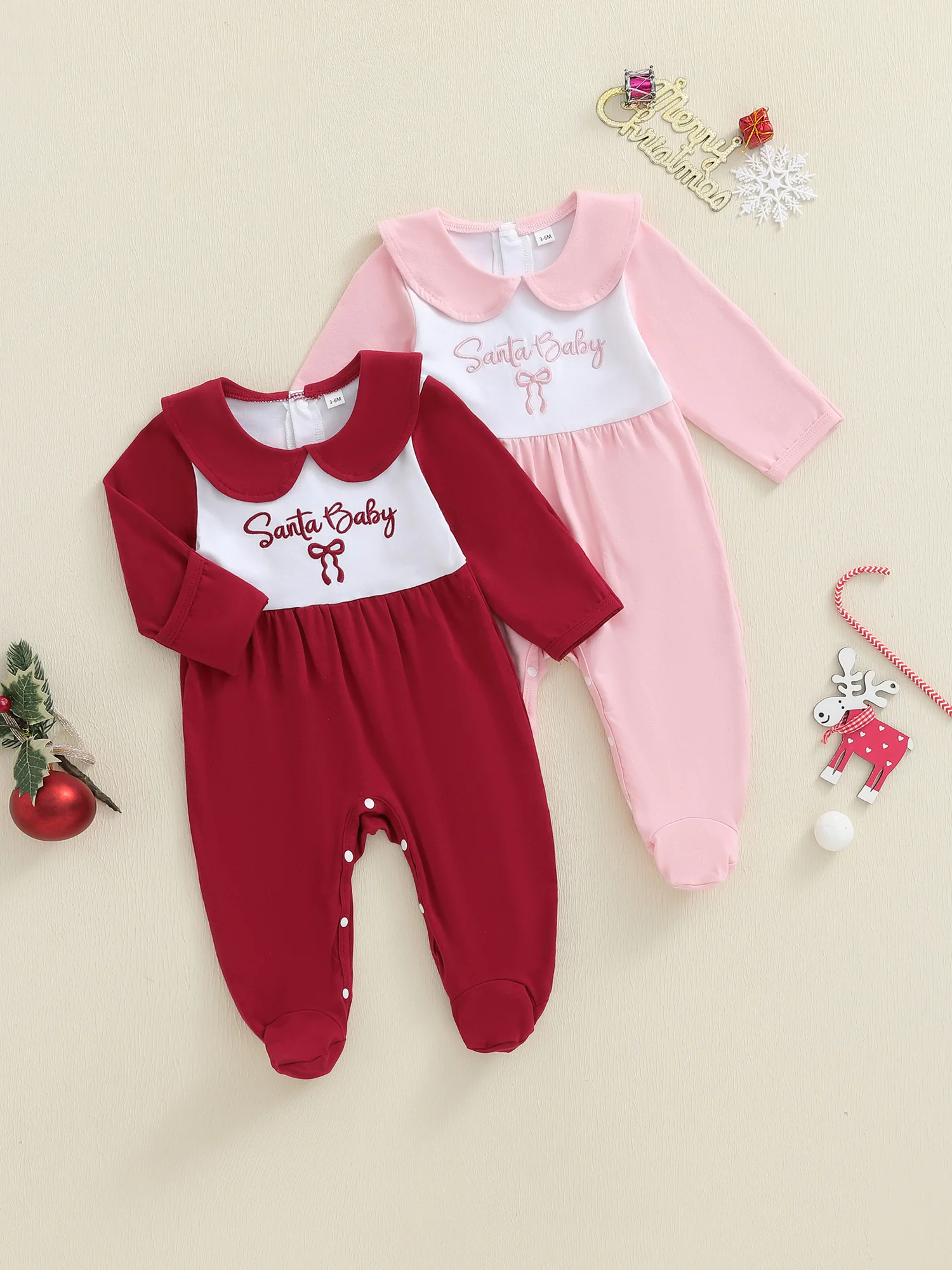

Infant Girls Autumn Footed Romper with Long Sleeves and Doll Collar Featuring Letter Embroidery on a Full Length Jumpsuit