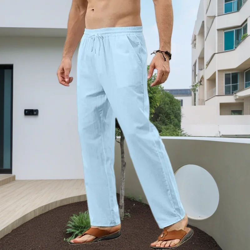 

S-5XL Men's Cotton Linen Pants Summer Solid Color Breathable Linen Trousers Male Casual Elastic Waist Fitness Pants New