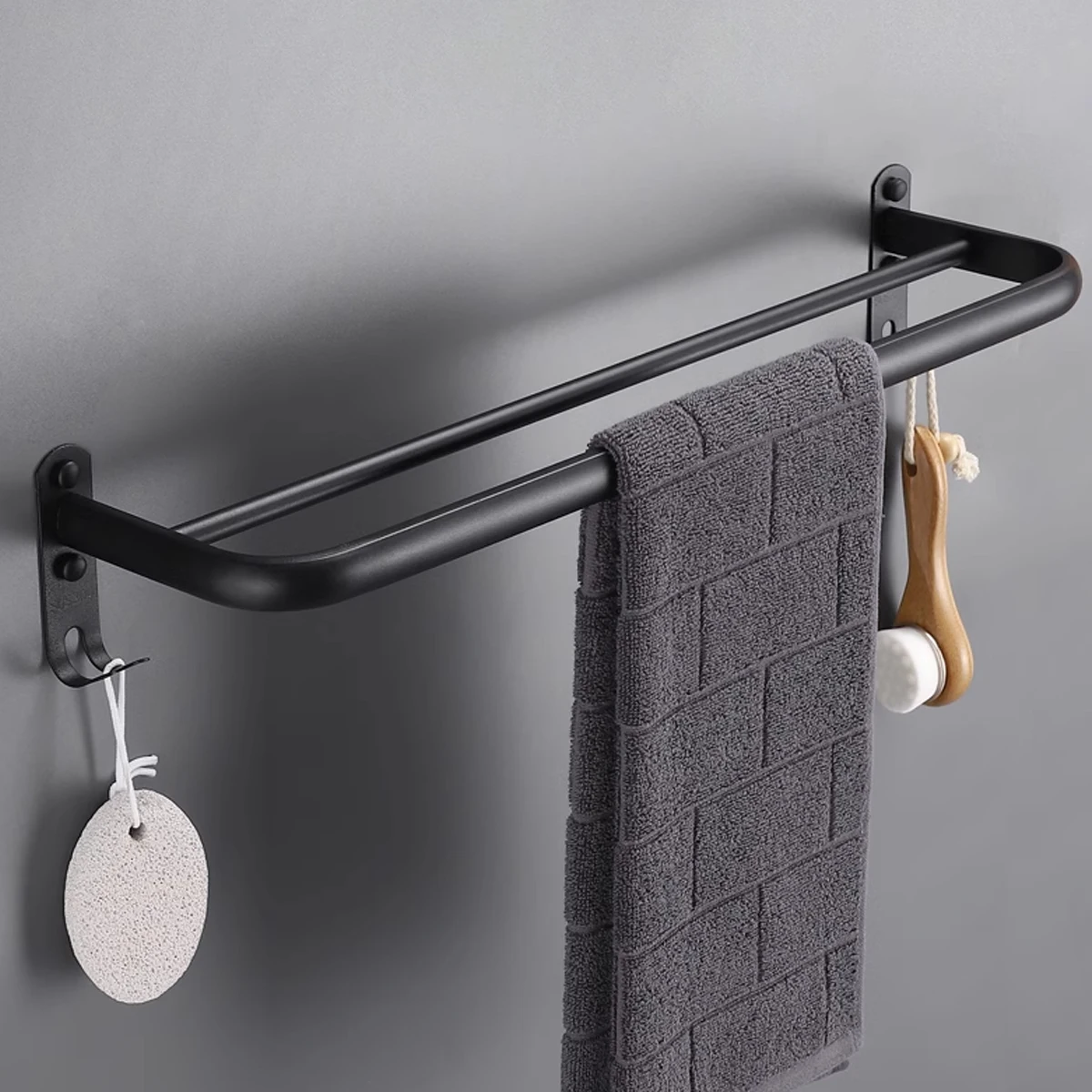 Double Towel Bar Rail,Round Towel Bar Bail Rack Bathroom or Kitchen Accessory,Nordic Simplicity Wall Mounted Towel Bar Black