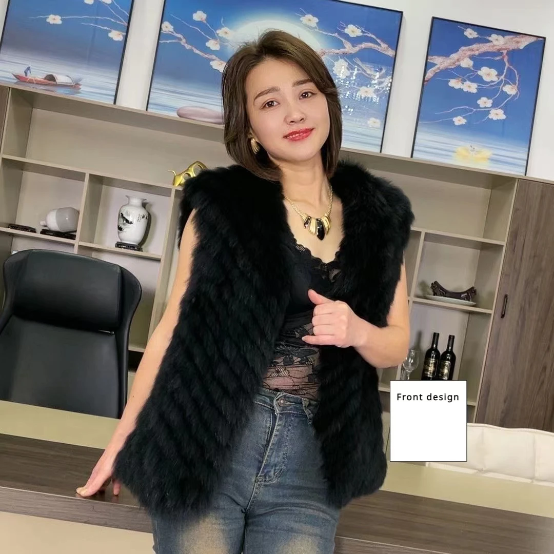 Hot-selling new mid-length V-neck fox fur striped fur jacket slim and versatile women's vest