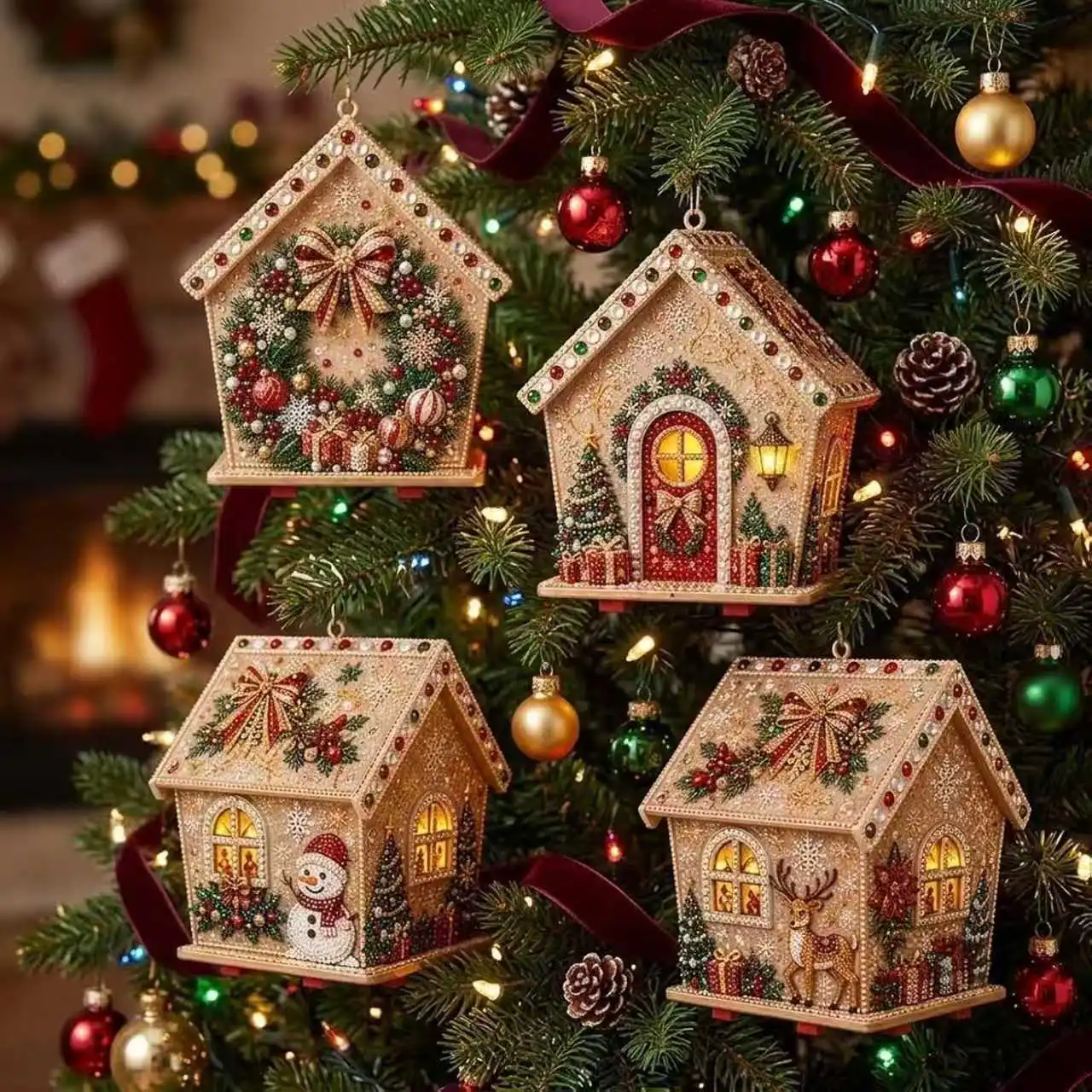 3D-Diamantmalerei Weihnachtshütte-Set, DIY-Handarbeit, Kristall-Strass-Haus, Bastelartikel, festliches Weihnachtsschmuck-Geschenk für Kinder und Erwachsene – Detail 8