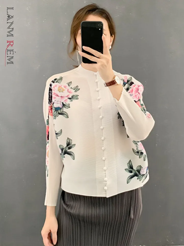 LANMREM Pleated Shirt Top 2024 Spring And Summer New Thin Single Breasted Long Sleeve Printed Shirts Women Elegant 2M246