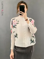 LANMREM-Chemise plissée à manches longues pour femme, haut fin, simple boutonnage, imprimé, élégant, nouveau, 2M246, printemps et été 2024