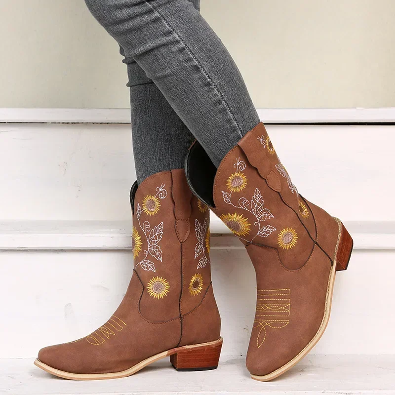 Women\'s Boots PU Leather Printed Embroidered Boots Classic High-top Casual Womens Shoes Sunflower Block Heel Ladies Boots Botas