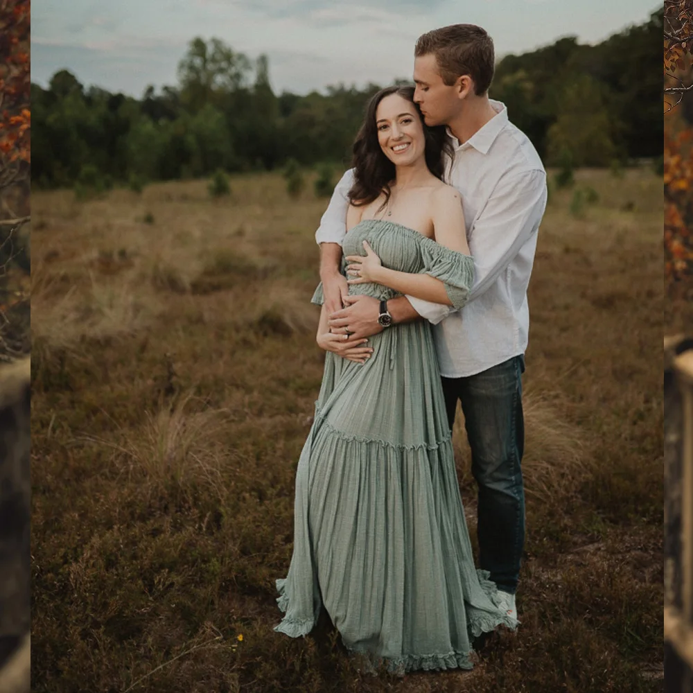 ﻿   البوهيمي صور اطلاق النار فستان الحمل مريح لينة الكتان القطن مجموعة للنساء الحوامل صور الأمومة فستان قطعتين