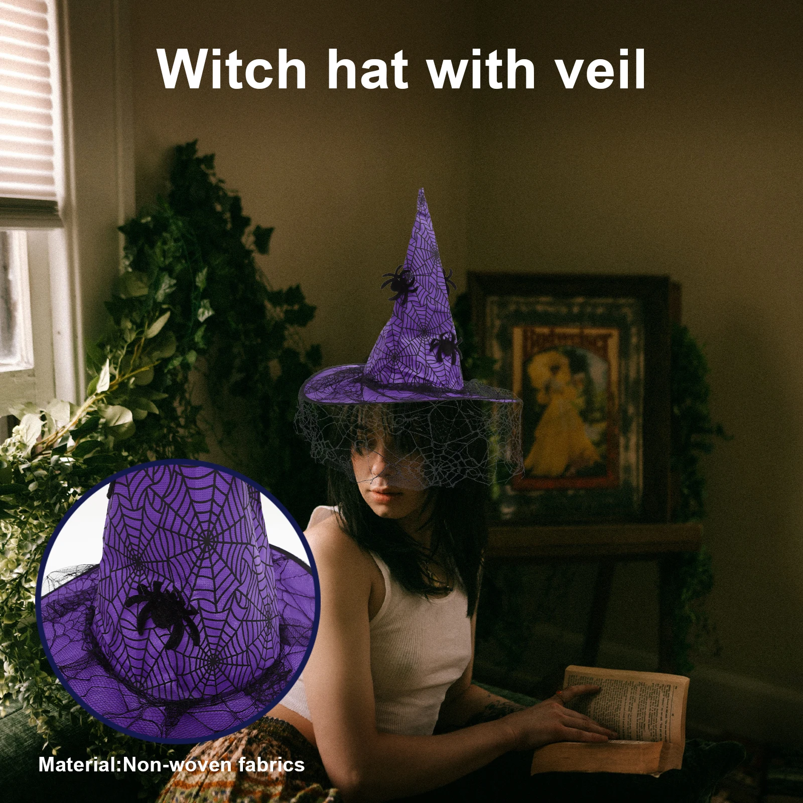 

Halloween Party With Veil Spider Elements Cosplay For Halloween Costume Prop Decorative Witch Hat Festival Party Accessory Wide