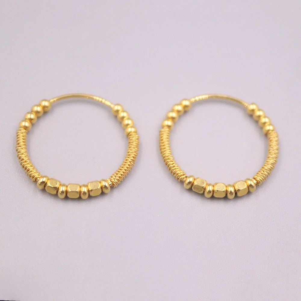 Real Pure 18K Yellow Gold Hoop Women Gift Lucky Square Round Beads Earrings 2.47g