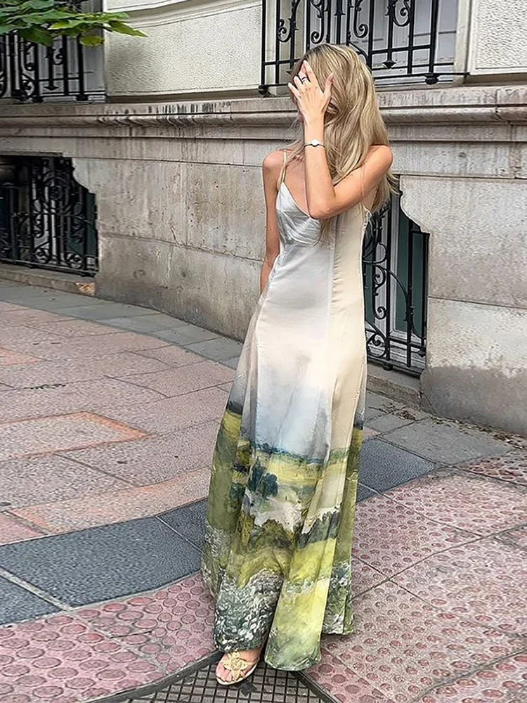 مطبوعة الرسن المرأة فستان الحبر غسل نمط الساتان الخامس الرقبة بيكيني الحمالات التخسيس الخصر Cinching الرجعية الشاطئ حزام فستان طويل