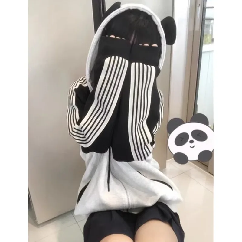 هودي باندا أسود للنساء ، بلوزات غير رسمية ، ملابس رياضية ، بغطاء رأس ، ثقافة فرعية ، معطف لطيف ، كاواي ، حلو ، هاراجوكو ، خريف ، Y2K ،