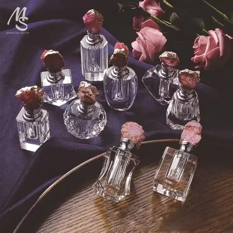 1Pc2ml Pink Crystal Perfume Bottle Glass Rod Handmade Heart Wheel Symbolizing Love Packaging Essential Oil Agarwood Empty Bottle