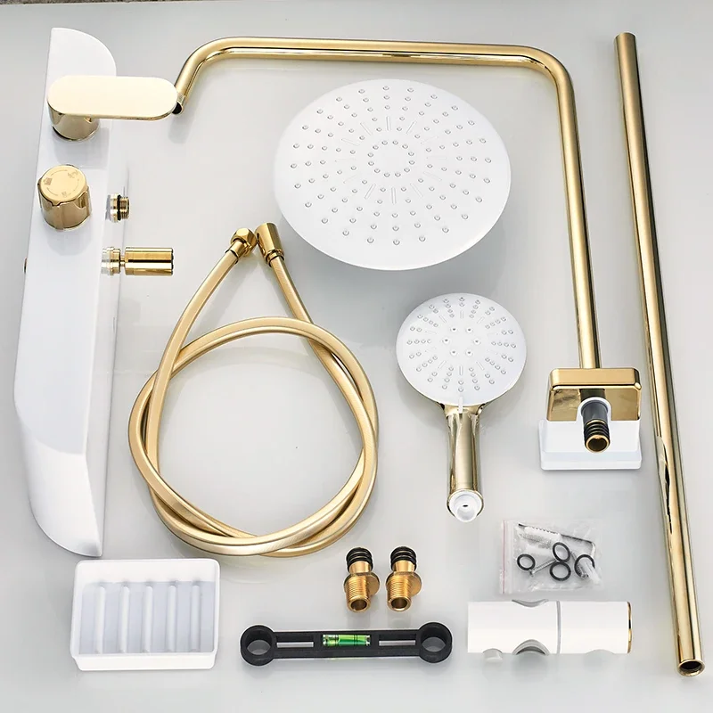 Vidric Vidric White Black Gold Shower Faucets Set 9" Rainfall Shower Head 3-Way Brass Mixer Tap With Shelf Tub Spout Bathroom Sh