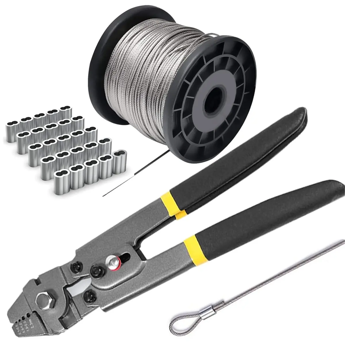 A101P ~Wire Rope Crimping Tool Kit, with Stainless Steel Cable 165 Ft (7x7 Strand Core), 100 Cable Ferrule Loop Sleeve Stops