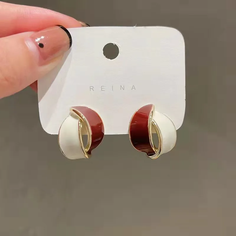 Korean Double Arc Cross Enamel Stud Earring for Women Personality Contrast Color Blue Black White Geometric Earring Jewelry Gift