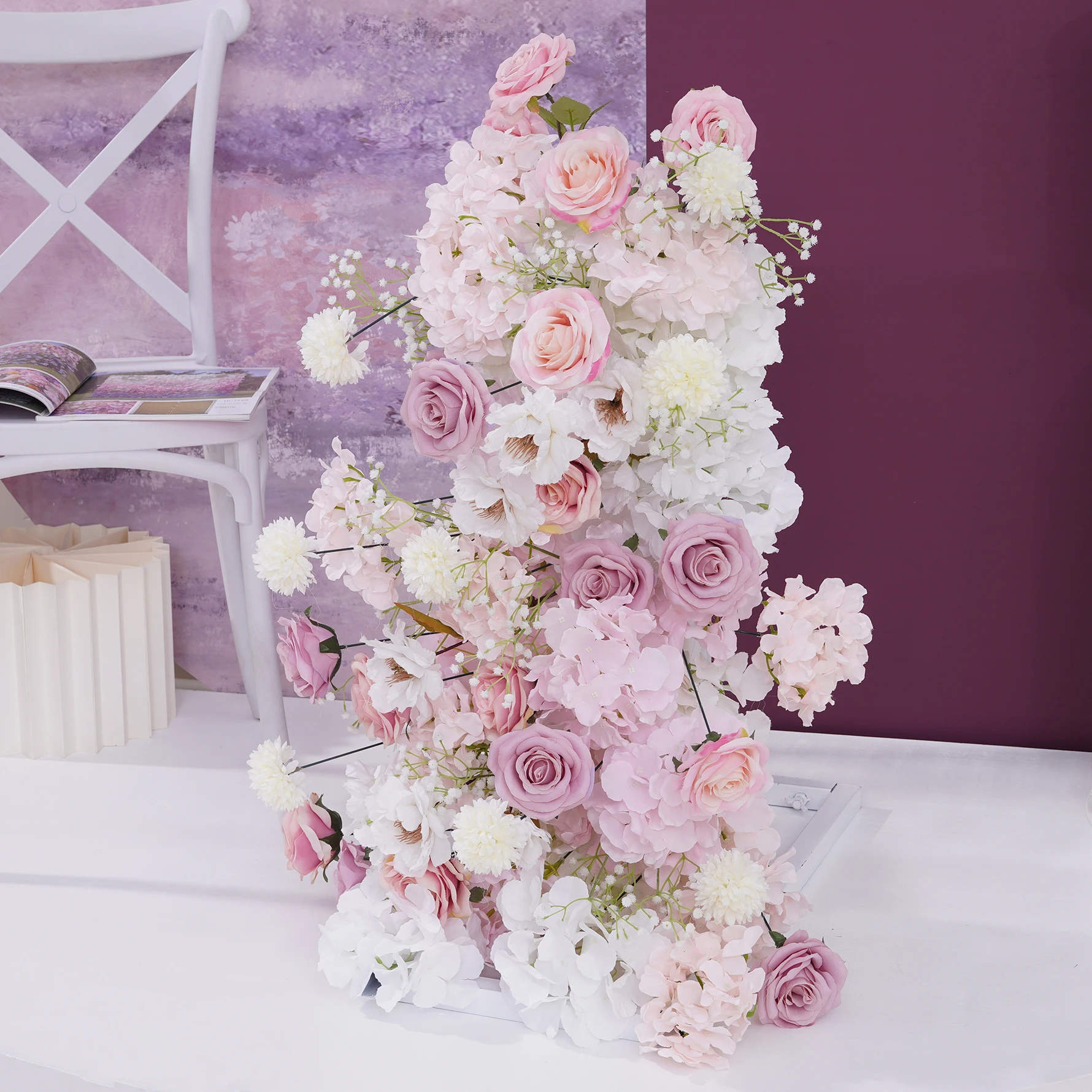 赤ちゃんのためのピンクと白のバラの結婚式の装飾,花の列の配置,イベントの舞台用品,写真アクセサリー,ウィンドウディスプレイ,a8849