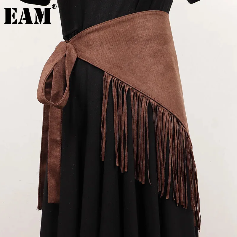 

[EAM] Coffee Irregular Tassels Long Wide Badnage Belt Personality Women New Fashion Tide All-match Spring Autumn 2024 1DH7004