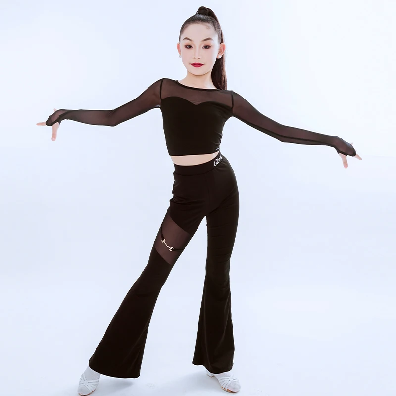 

customized women's adult girl Latin dance outfit mesh top tassel half skirt pants professional performance training fringe dress