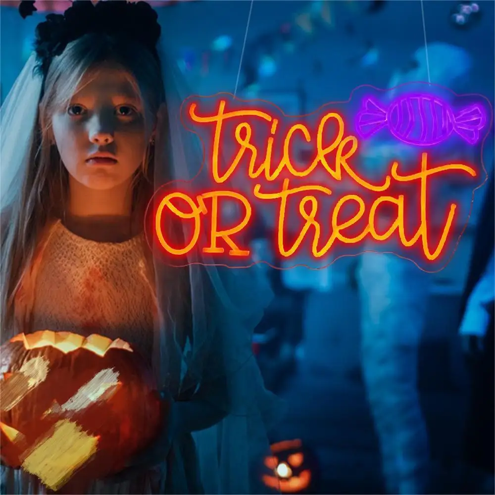 

Trick Or Treat Neon Signs For Wall Decor Halloween Room Decoration Party Bedroom Bar Club Dimmable Art Led Light Up Sign Lamp