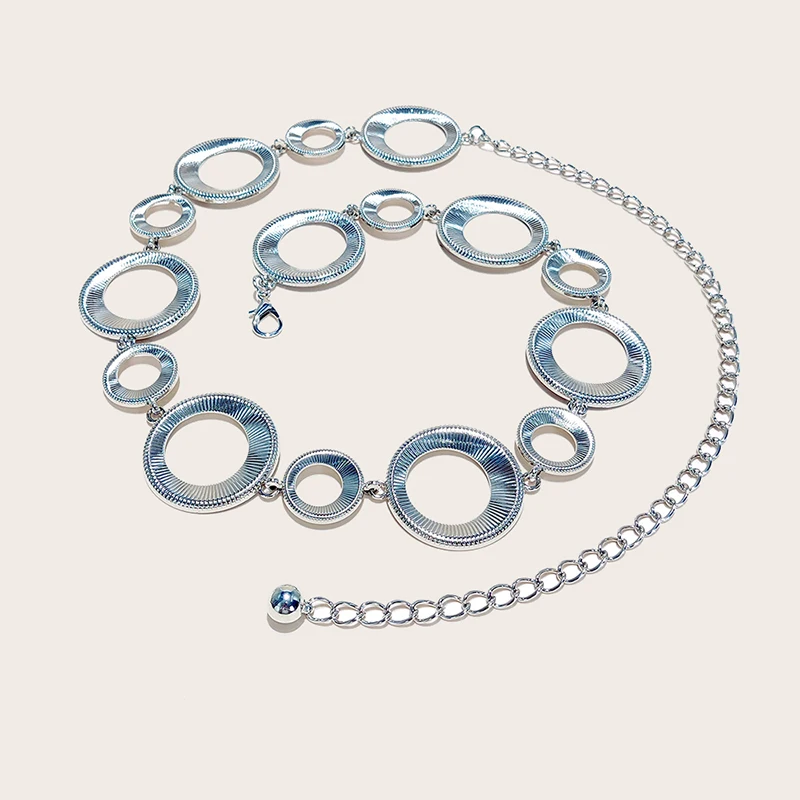 Модная металлическая женская поясная цепочка, регулируемая прочная ретро-круглая поясная цепочка, золото/серебро, резное круглое кольцо, длинный ремень-цепочка