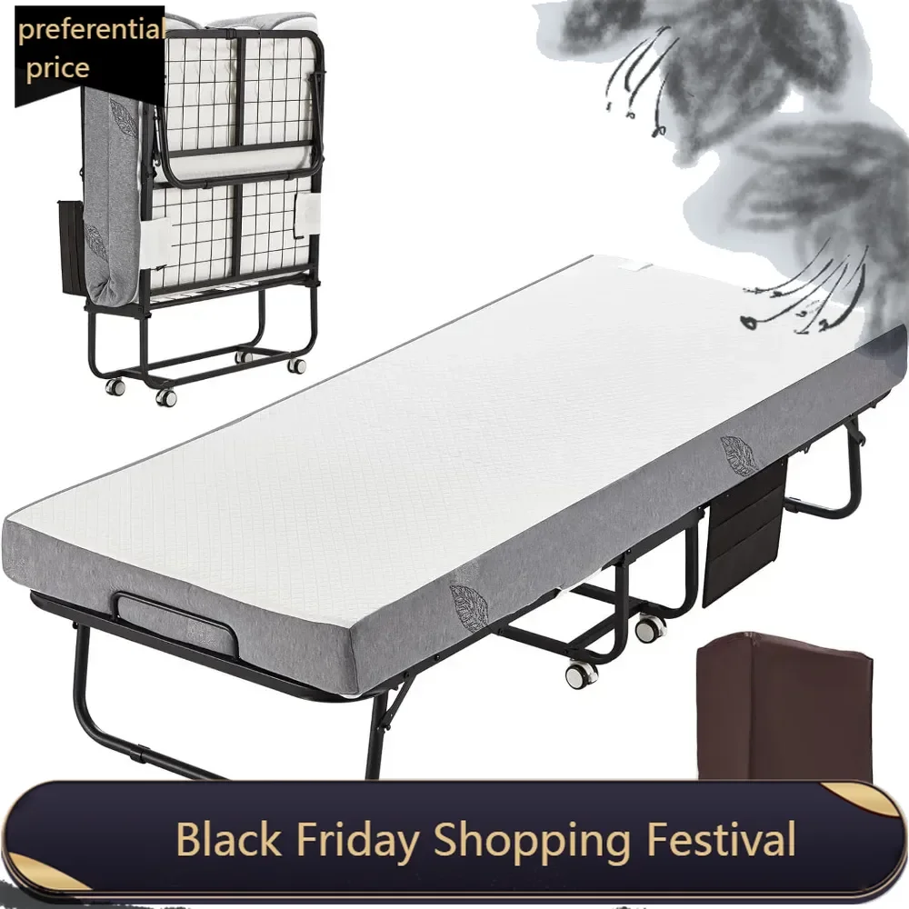 Folding Bed with Mattress,Portable Rollaway Guest Bed for Adults with 5 Inch Foam Mattress,Single Cot Size Foldable Bed