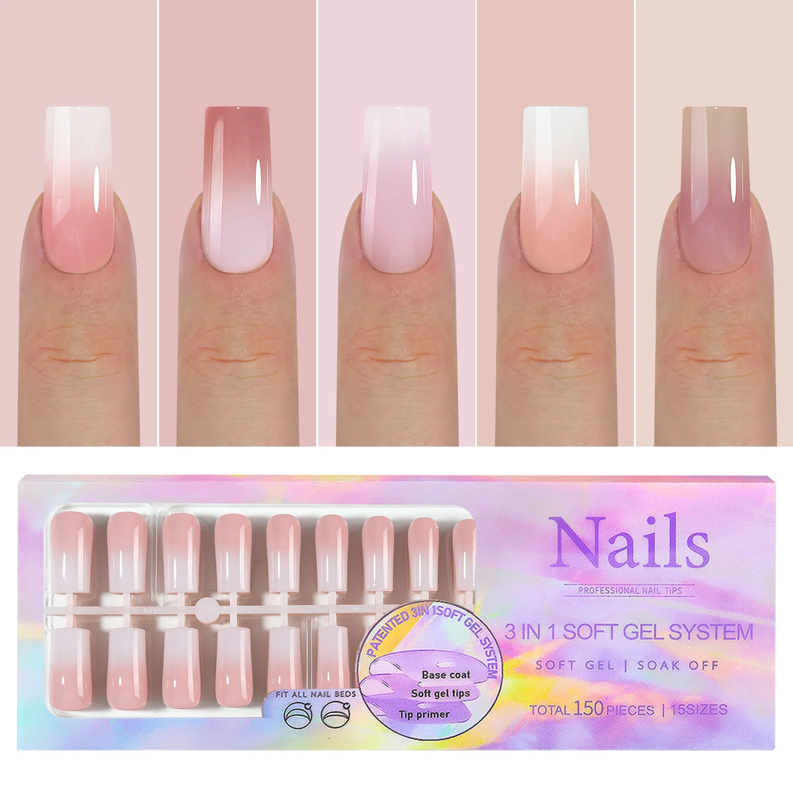 150Pcs Gradient Nude Color Almond Wearable Fake Nail Tips Press On Acrylic Nails Removable Wearing Reusable Full Cover Nail Tips