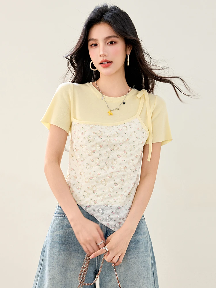 Słodka koszulka z krótkim rękawem nieregularny patchworkowy kwiatowy fałszywe dwuczęściowe t-shirty 2025 letnie nowe modne eleganckie topy Tees