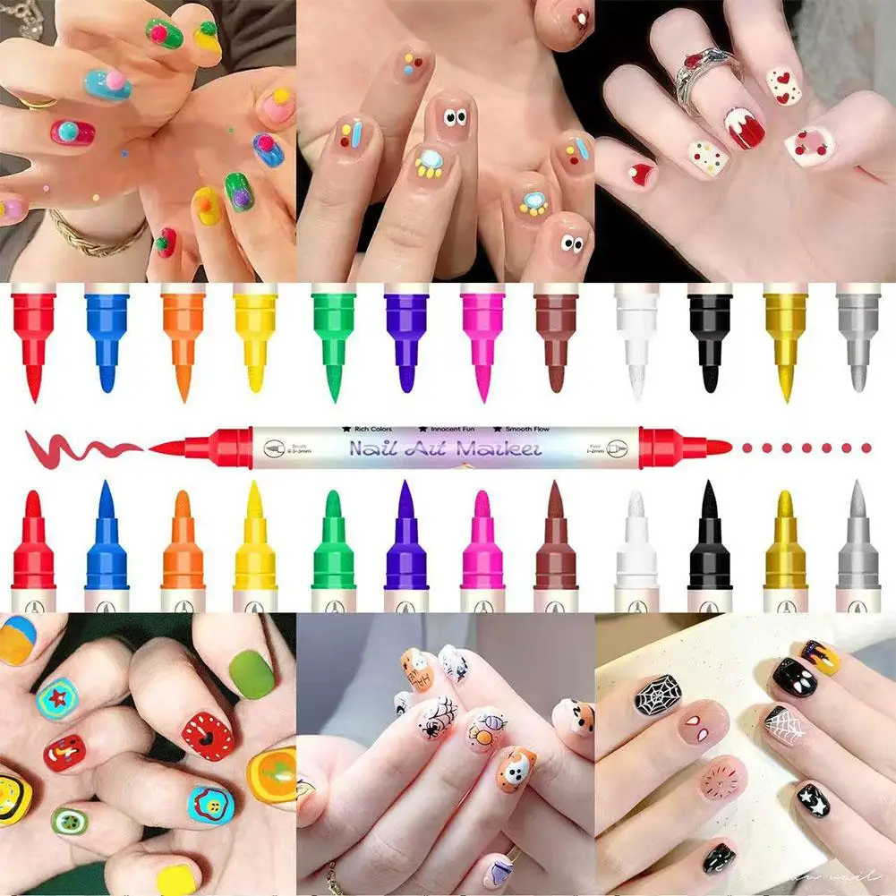 12/24 Colors Dual Tip Nail Art Pen Ultra Fine Liner Acrylic Marker Pearlescent Metallic Pigment No Curing Lamp DIY Painting Tool view 5