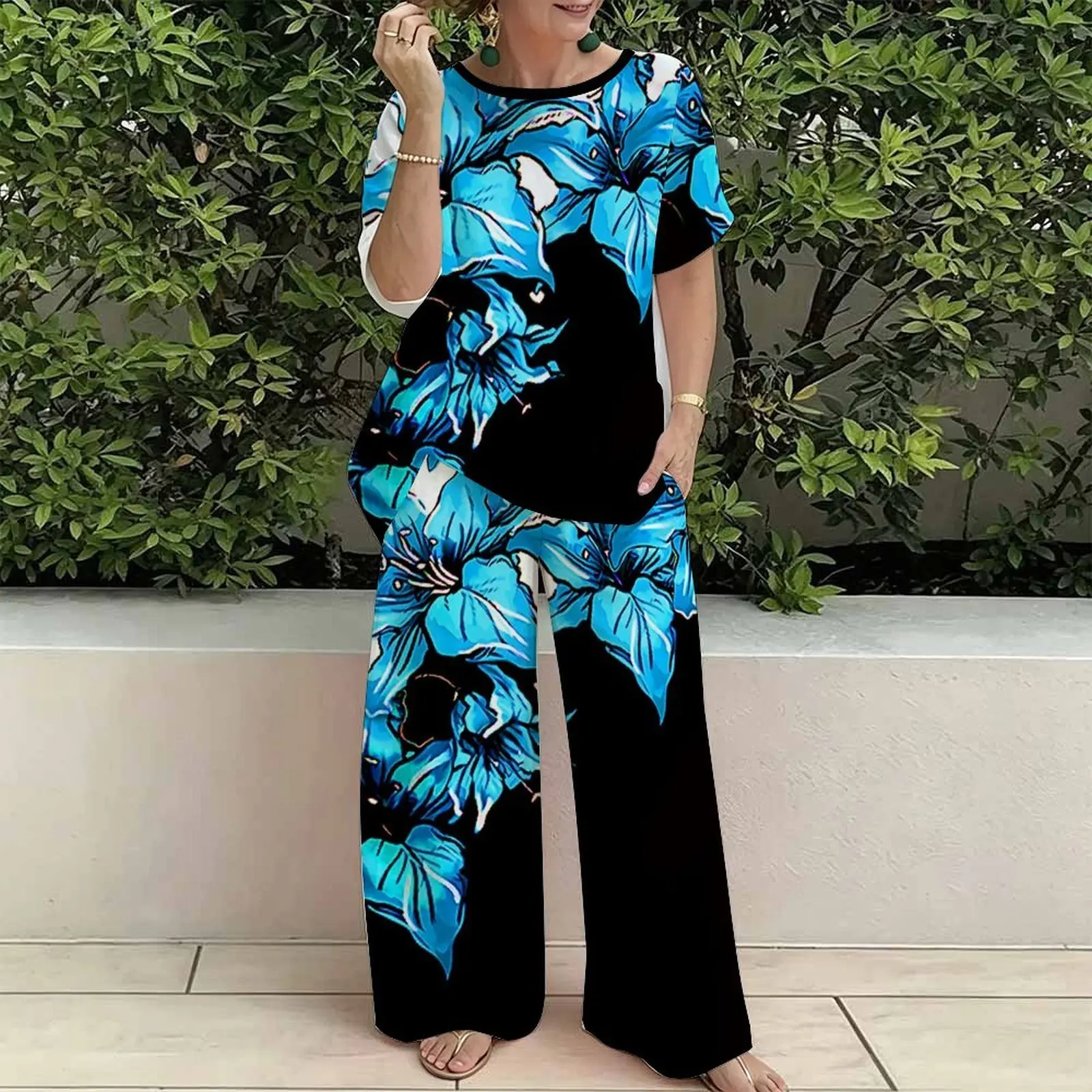 Plus Size Women Spring/summer Fashion Print Two Piece Set  Exercise Round Neck T-shirt Casual Vacation Sweatpants