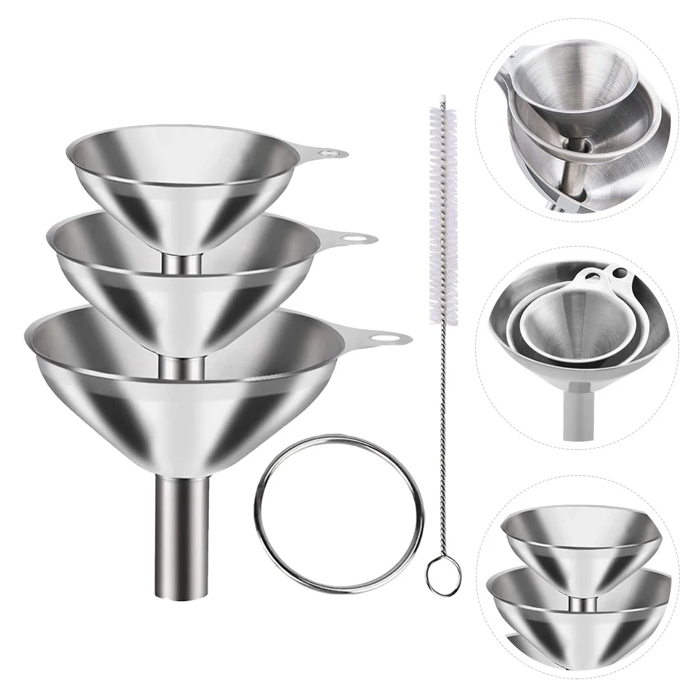 

1 Set Stainless Steel Kitchen Funnel Kit Oil Wine Soy Sauce Transferring Tool Wide Mouth Funnel With Cleaning Brush