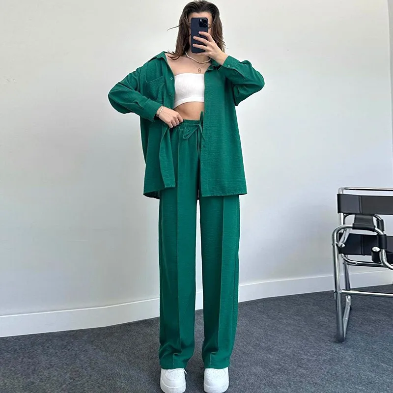 

2025 European and American women's loose suit long-sleeved shirt spring and autumn long pants two-piece set