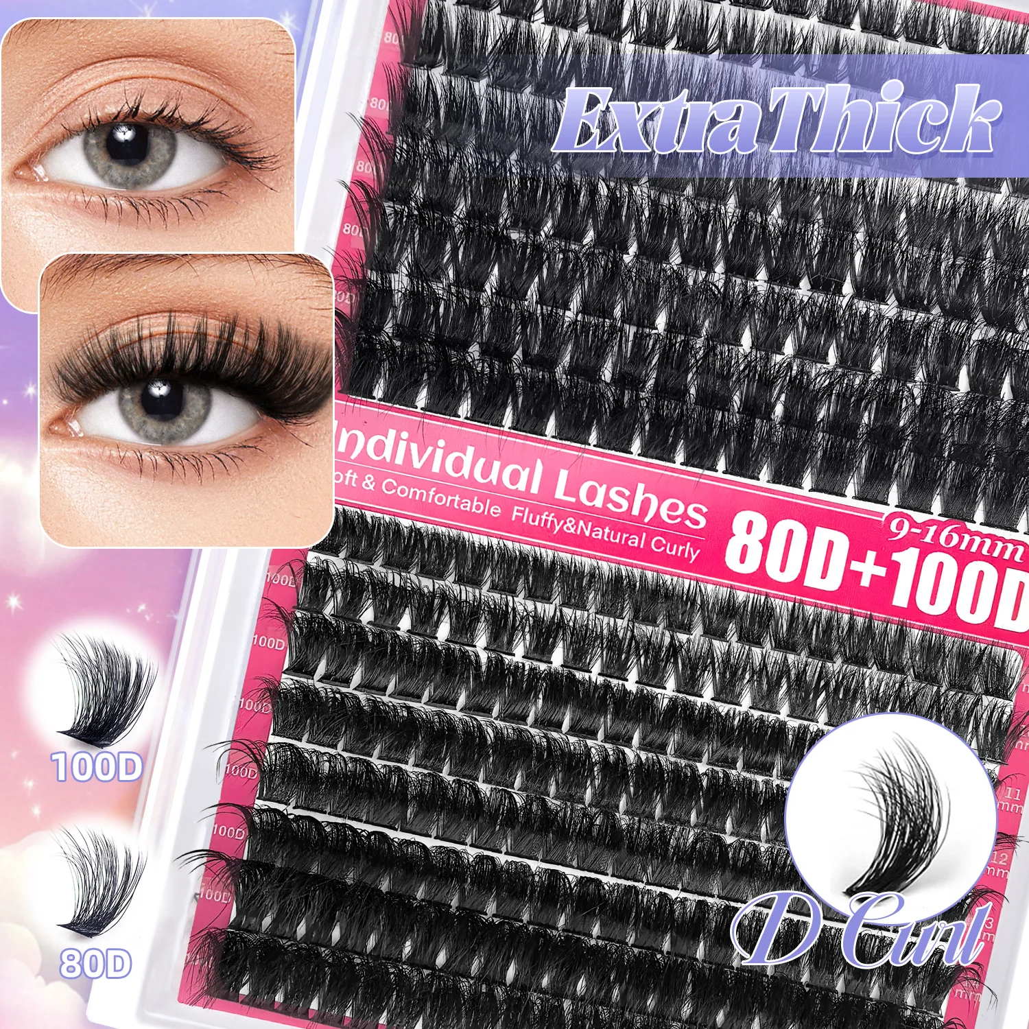 1724 pcs Lash Clusters Kit D Curl 8 Styles Lashes Clusters Kit with Bond&Seal Applicator set and Lash Tape DIY Eyelash Extension