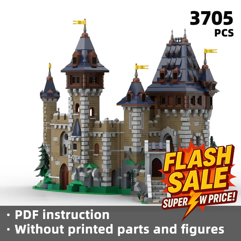 

Сцена из строительных блоков с фэнтезийным замком в стиле века и тематикой королевства в фэнтези, разрешает классический макет замка.