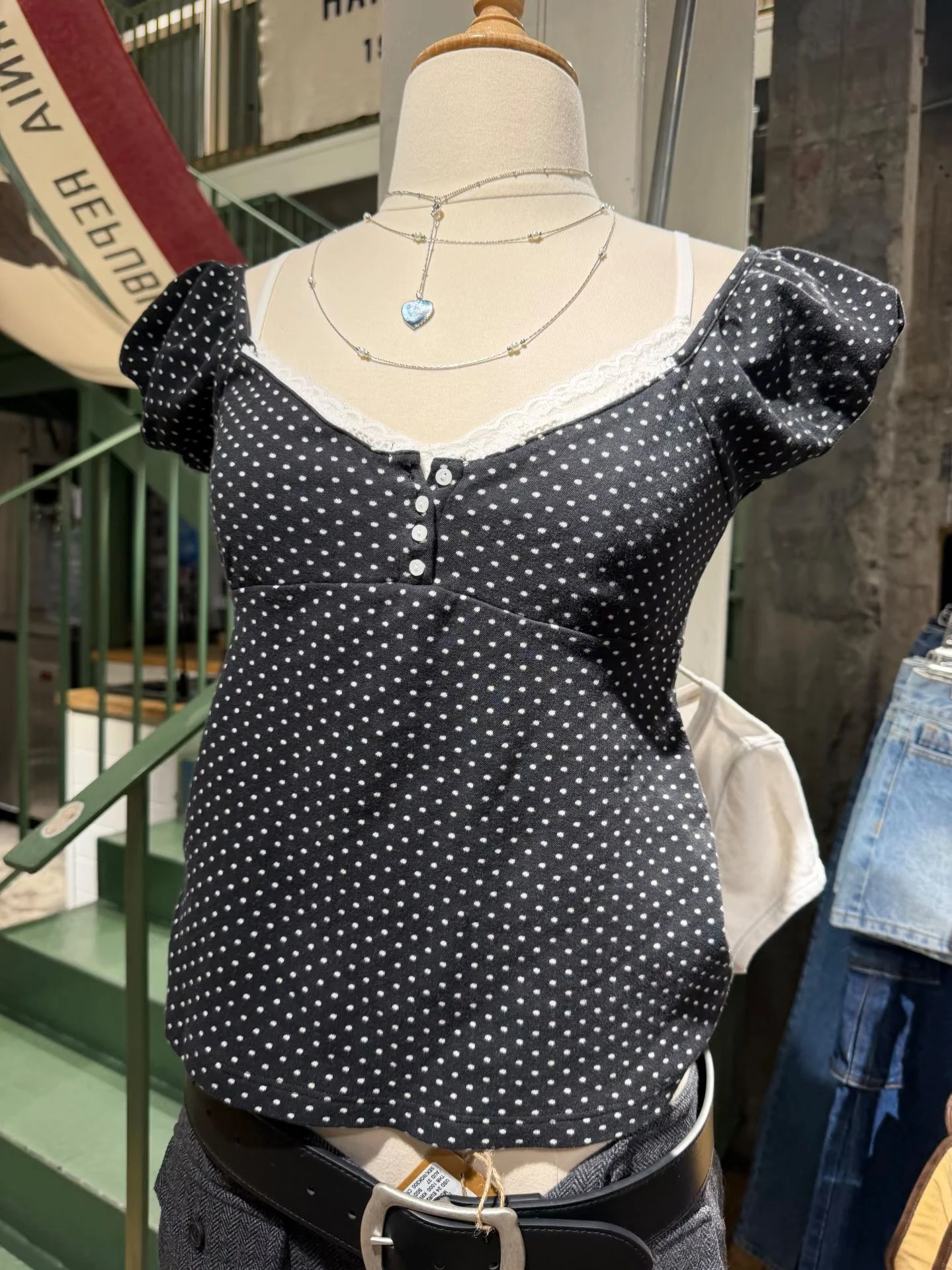 Polka Dot Black Slim T-Shirt Blouse Women Three Buttons Square Neck Back Lace-up Puff Sleeve Cotton Tshirt Sweet Cute Crop Tops