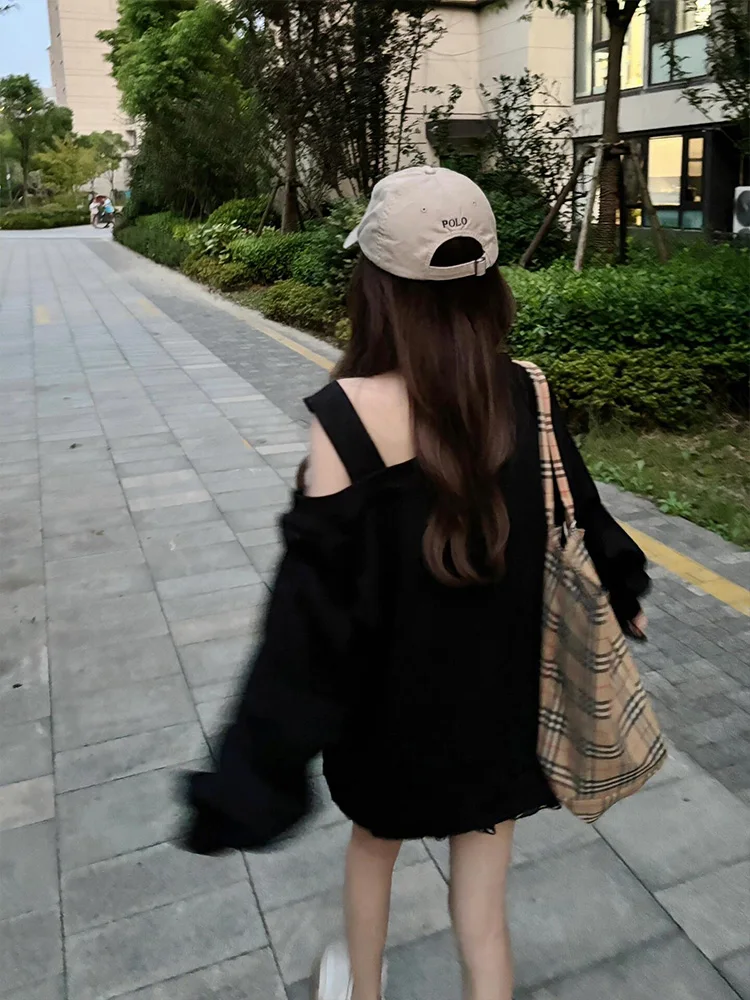 Bla dentelle oulder sweat à capuche femmes printemps automne mince dessin animé Kit imprimé haut ample confortable décontracté Streetwear sweat-shirt