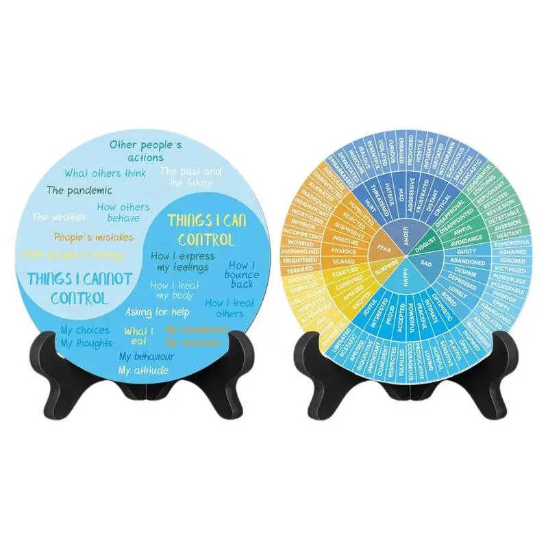 Feelings Wheel Poster 2X Wooden Mental Health Emotions Chart with Stand Desk Decor Mental Feeling Chart for Home Workplace