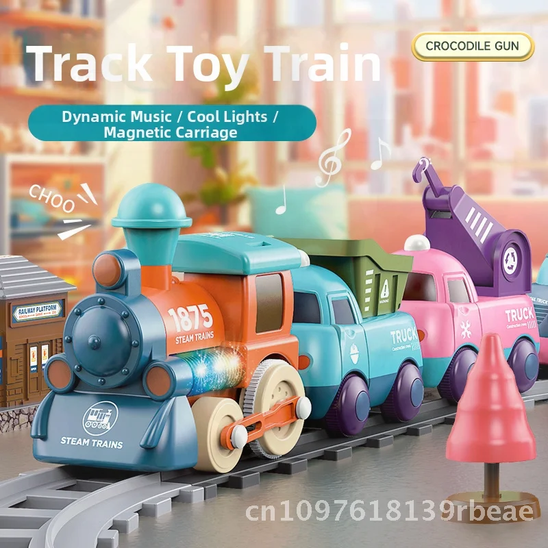 Kids' Macaron Color Train Toy Electric Engineering Rail Car Cartoon Theme with Lighting for Children's Hand-eye Coordination