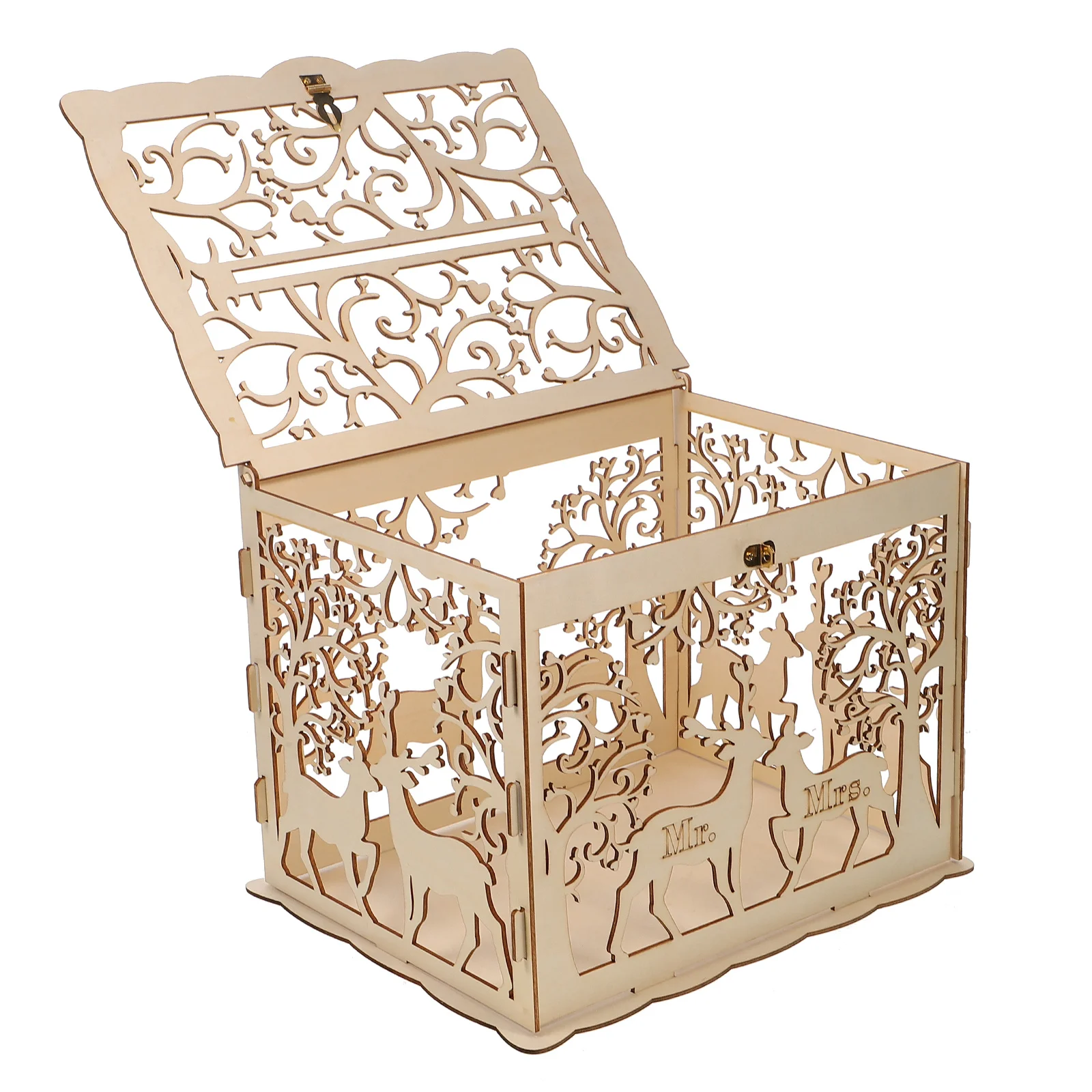

Wooden Wedding Storage Box Large Size Couple Deer Design Hollow Out DIY Wedding Box for Party Decoration and Gift Storage