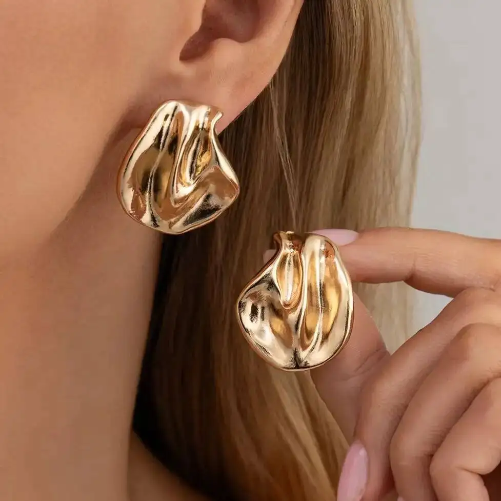 KunJoe Creative Geometry Irregular Metal Texture Earrings for Women New Vintage Aesthetics Gold Color Piercing Ear Party Jewelry