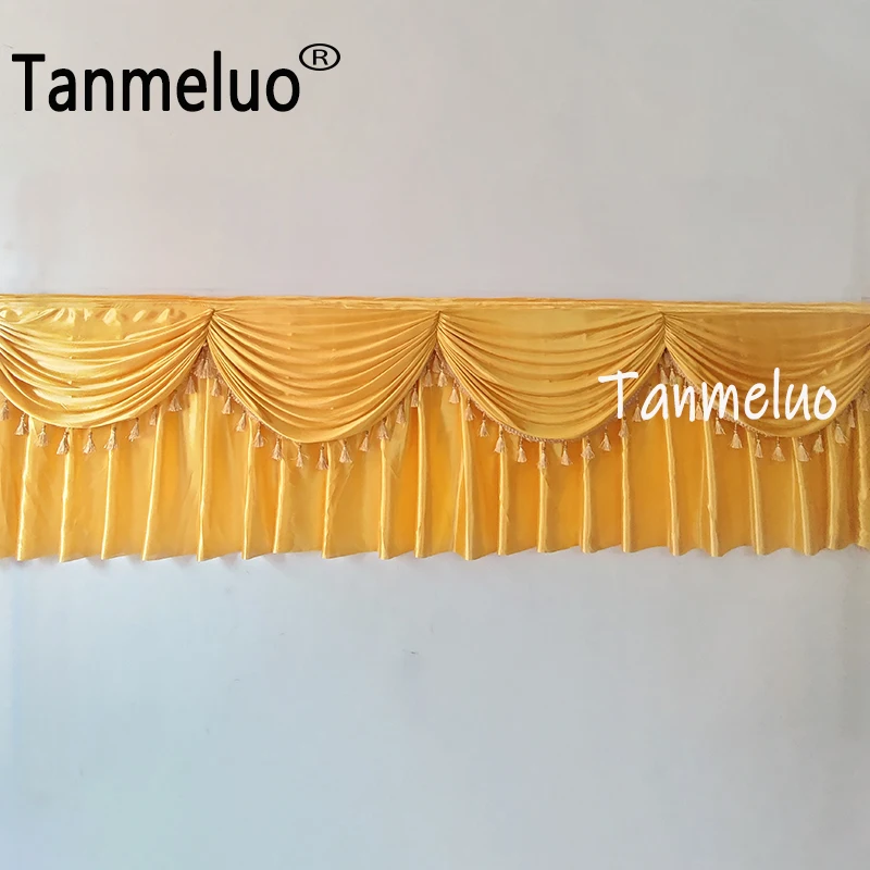 

Gold Table Skirts with Swags and Tassels Pleated Tablecloth for Birthday Party Banquet Wedding Baby Shower Birthday Decorations