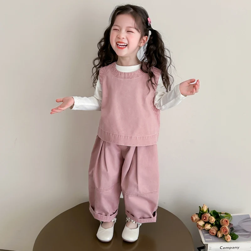 Kinder Frühling Herbst Casual Kleidung Set Mädchen Arbeitskleidung Weste + Casual Breite Bein Hosen + Basis Schicht Drei-stück Set – Detail 17