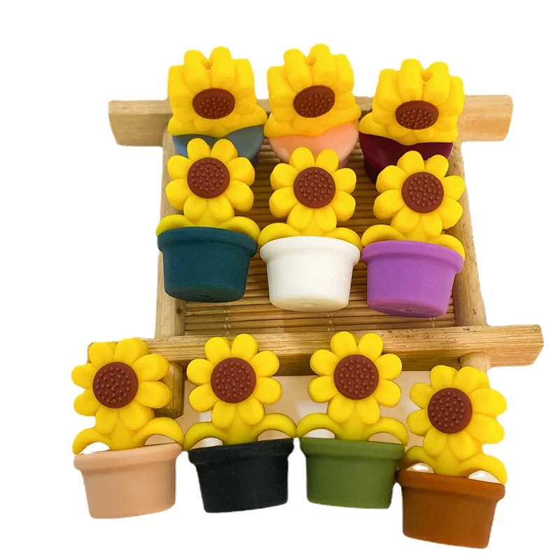 10pcs New Silicone Flowerpot Sunflower Beads DIY Baby Pacifier Chain Baby Teeth Focal Beads Chewing Toys Jewelry Accessories